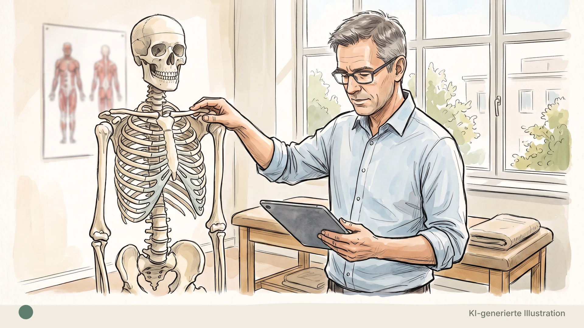 Bleistift-Comic-Illustration: ein Dozent um die fünfzig in hellem Hemd steht im hellen Praxisraum einer Physiotherapieschule, greift mit der rechten Hand an das Schlüsselbein eines Skelettmodells und hält in der linken ein Tablet, Blick zwischen beiden; im Hintergrund ein unscharfes Muskelposter, eine Behandlungsliege mit Handtüchern und ein großes Fenster mit Bäumen.