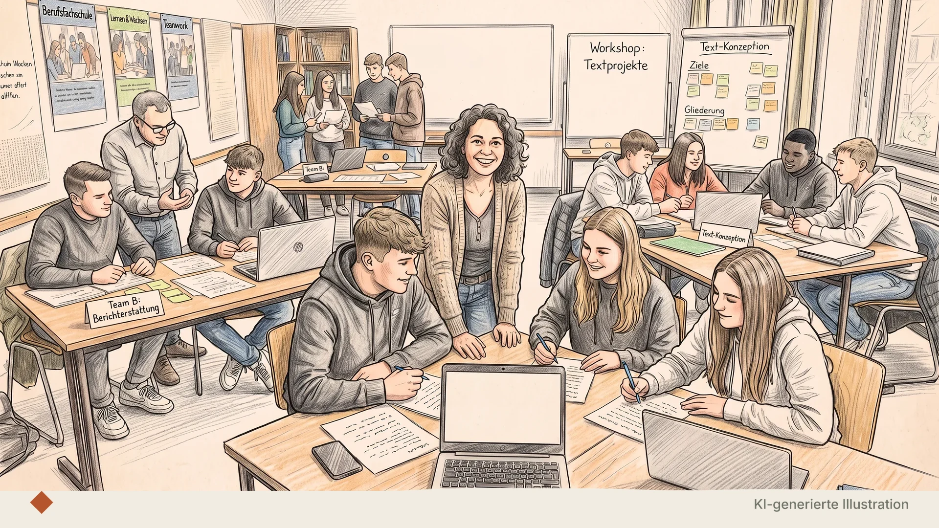 Bleistift-Comic-Illustration eines Seminarraums an einer Berufsfachschule: eine lächelnde Dozentin steht an einem Gruppentisch, ein Dozent berät links eine zweite Gruppe, Lernende arbeiten in Teams an Laptops und Textentwürfen; Whiteboards zeigen Workshop Textprojekte und Text-Konzeption.